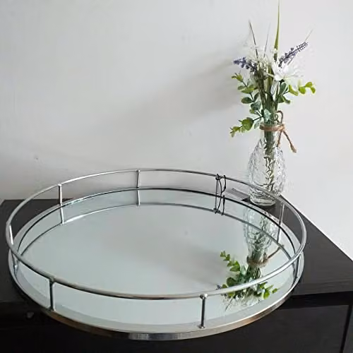 Biznest Silver Round Mirror Tray Centerpiece, Diameter: 30 cm