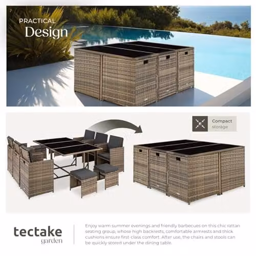tectake Polyrattan Garden Furniture Set in Nature with Steel Base, Including 1 Table, 6 Dining Chairs and 4 Stools for Up to 10 People – 4