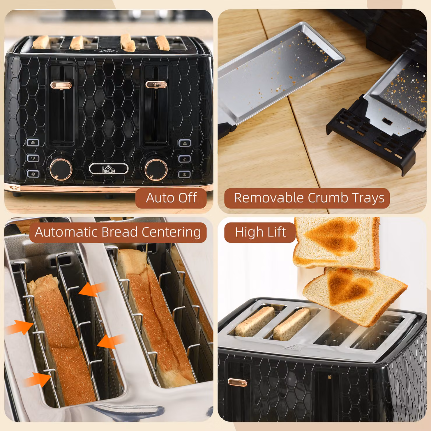 HOMCOM 4 Slice Toaster in Black with 1600W Power and 7 Browning Levels – 5
