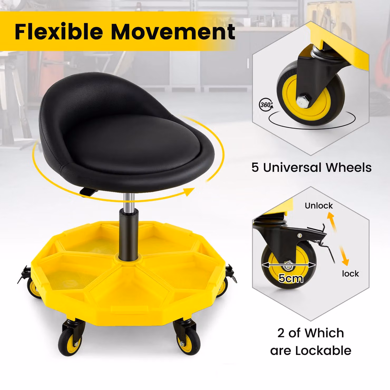 Costway Adjustable Rolling Mechanic Garage Stool in Yellow – 2