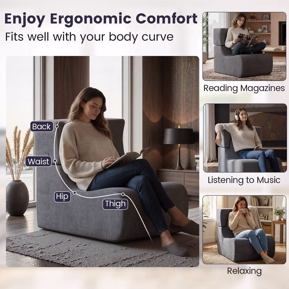 Costway Grey Velvet Soft Floor Chair and Lazy Sofa with Detachable Headrest – 4