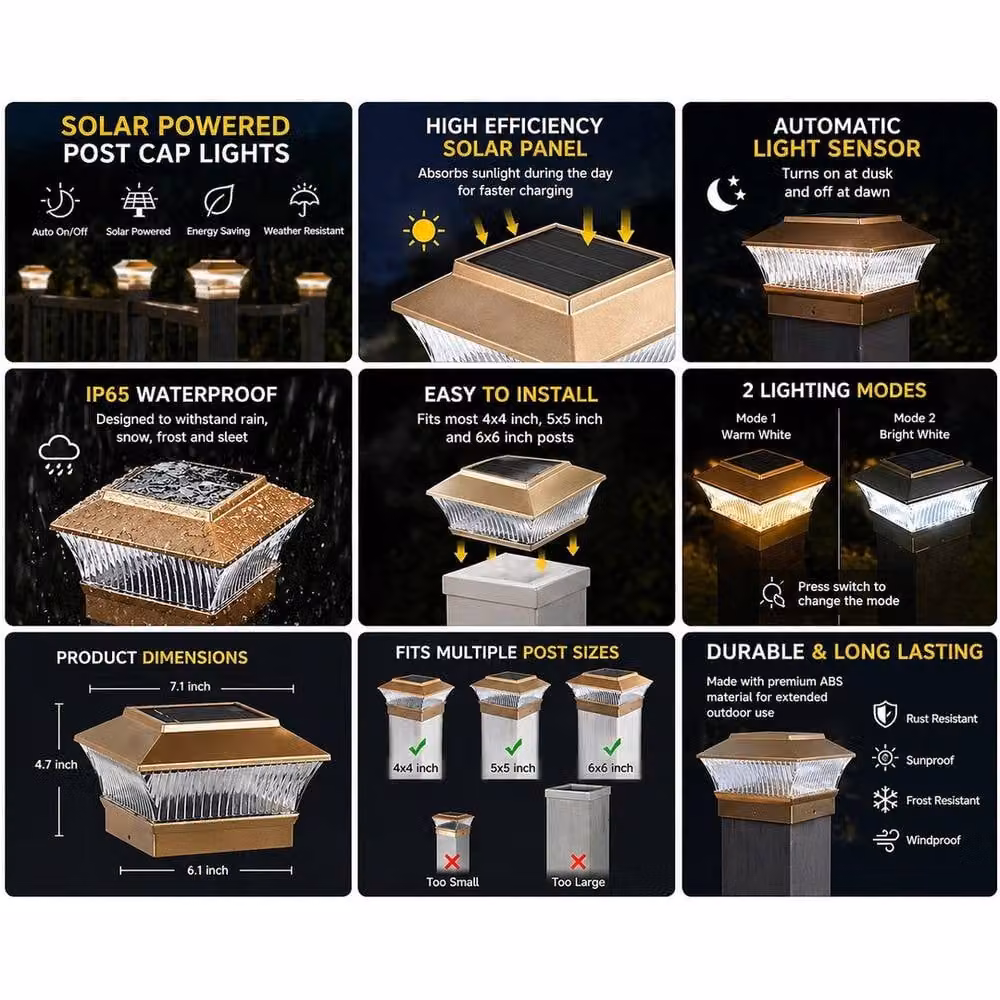 NESTLUNE Solar LED Square Deck Post Cap Lights in Gold for Outdoor Garden Fences – 4