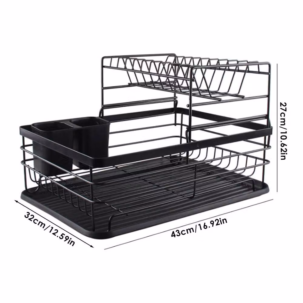 Garden Sanctuary 2-Tier Metal Kitchen Dish Drainer Rack with Drip Tray in Black – 3