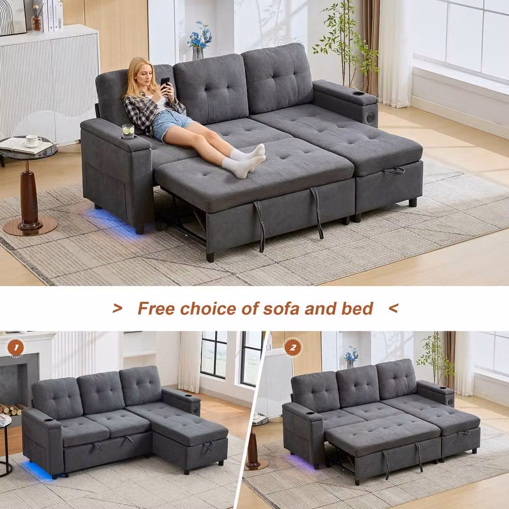 Tokpiedi 3-Seater L-Shaped Corner Sofa Bed with LED Lighting and Storage in Dark Grey Fabric – 6