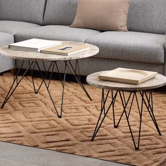 Furniture To Go Prunus Round Coffee Table in Brown Marble and Matt Black Steel