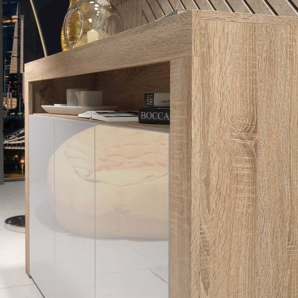 FORGEVIO Modern White Glossy Oak Wood Sideboard TV Unit Storage Cabinet – 3