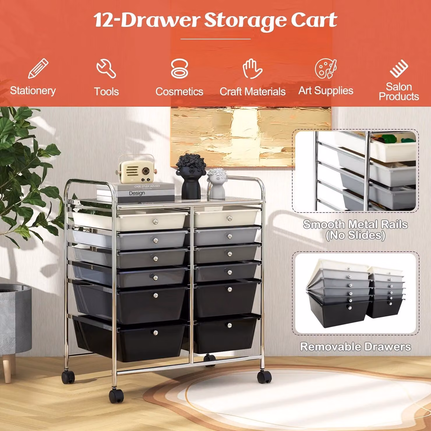 Costway 12 Drawer Rolling Storage Cart with Wheels in Black – 4