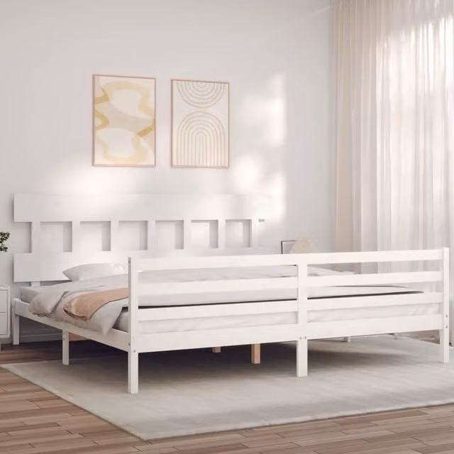 Berkfield Home White Solid Pine Wood Bed Frame with Headboard 200 x 200 cm
