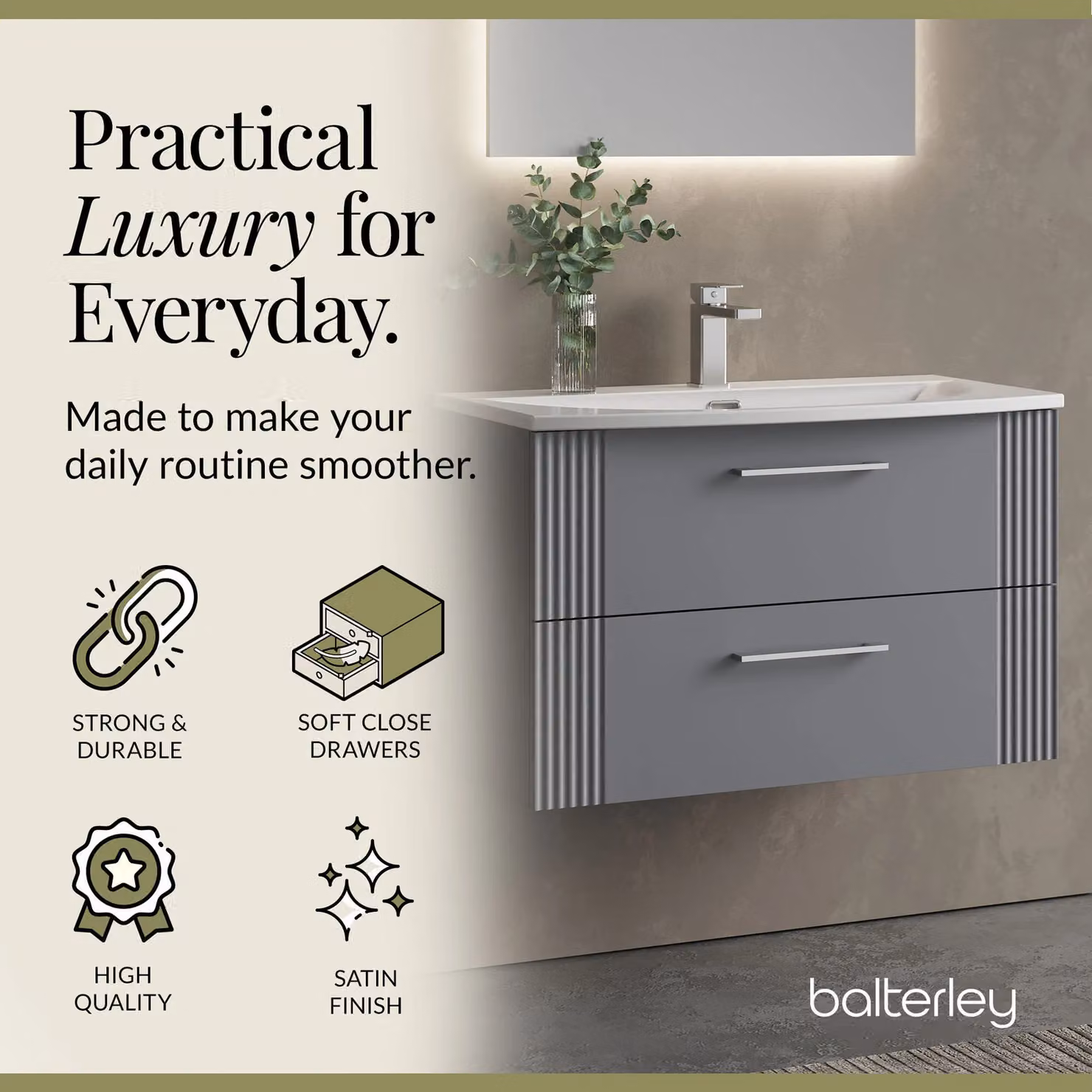 Balterley Wall Hung 2 Drawer Vanity Unit with Curved Basin, Satin Grey, Width: 80 cm – 2