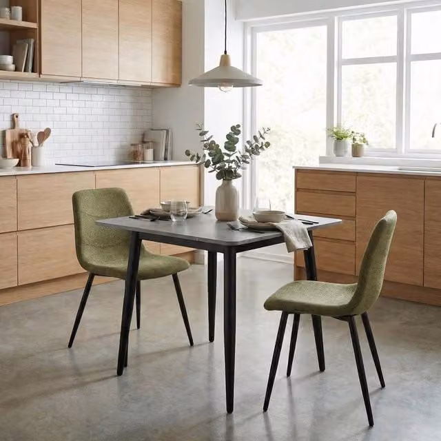 FWStyle 3 Piece Grey Marble Effect Ceramic Square Dining Table and Green Chairs Set