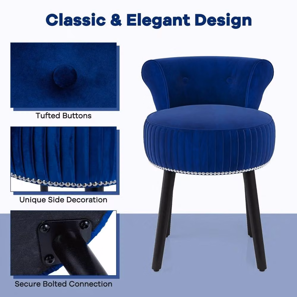 VOGREX Tufted Upholstered Vanity Stool with Rubberwood Legs in Blue – 6
