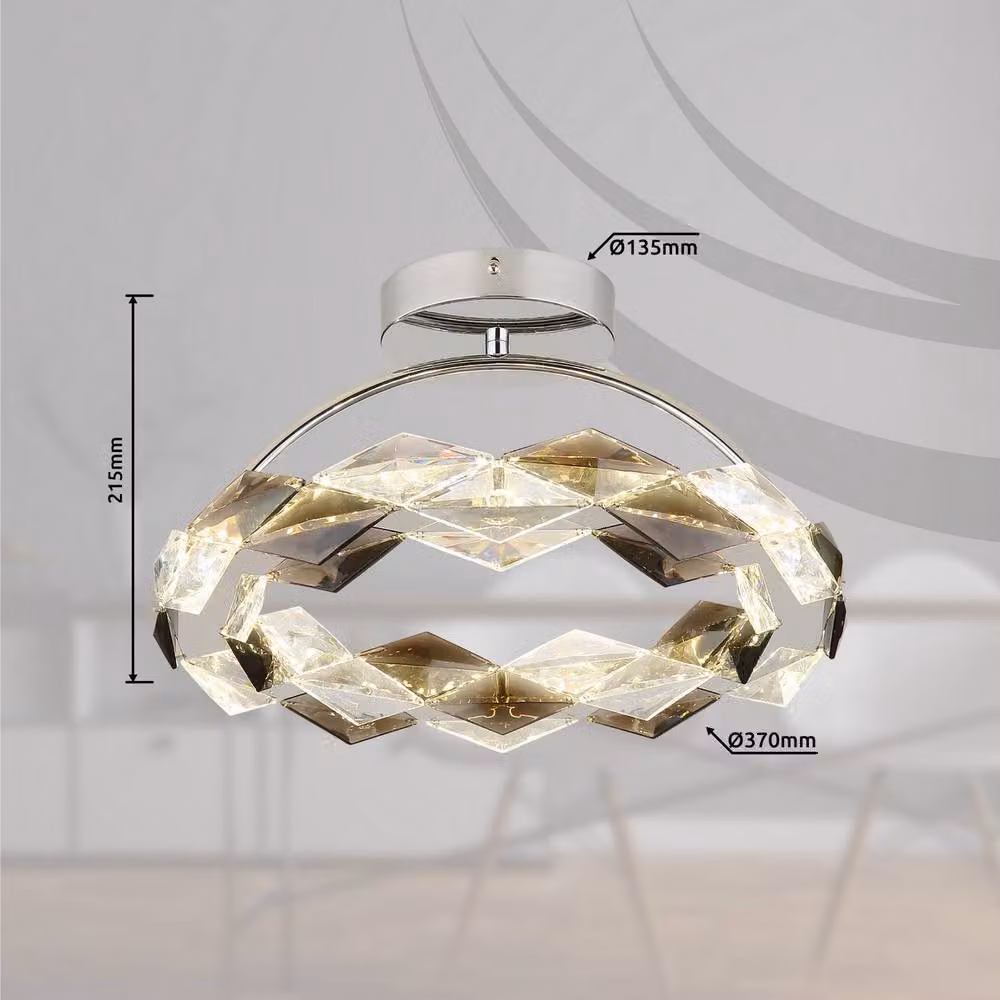 Globo Lighting Karilion LED Semi Flush Ceiling Light in Chrome and Grey with Smoke Crystal, Height: 37 cm – 4