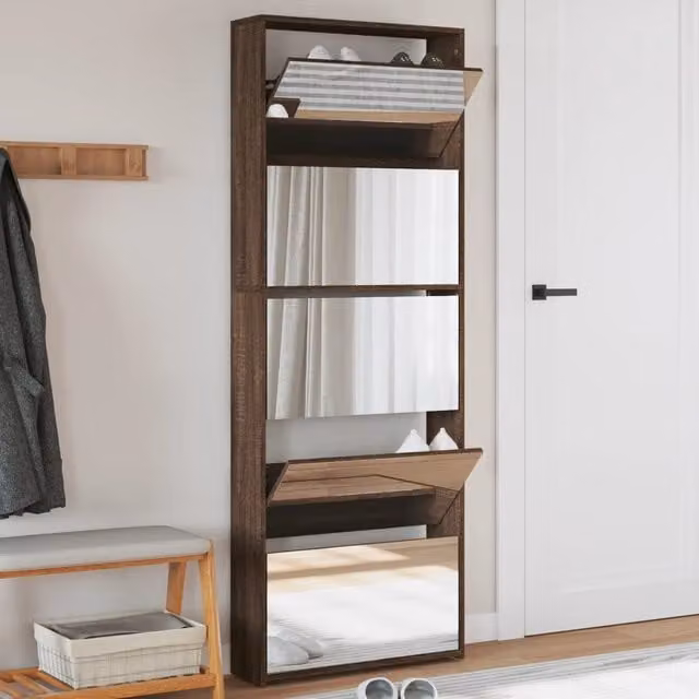 Berkfield Home Modern Shoe Cabinet with Mirror in Brown Oak, W: 63 cm, D: 17 cm, H: 169.5 cm
