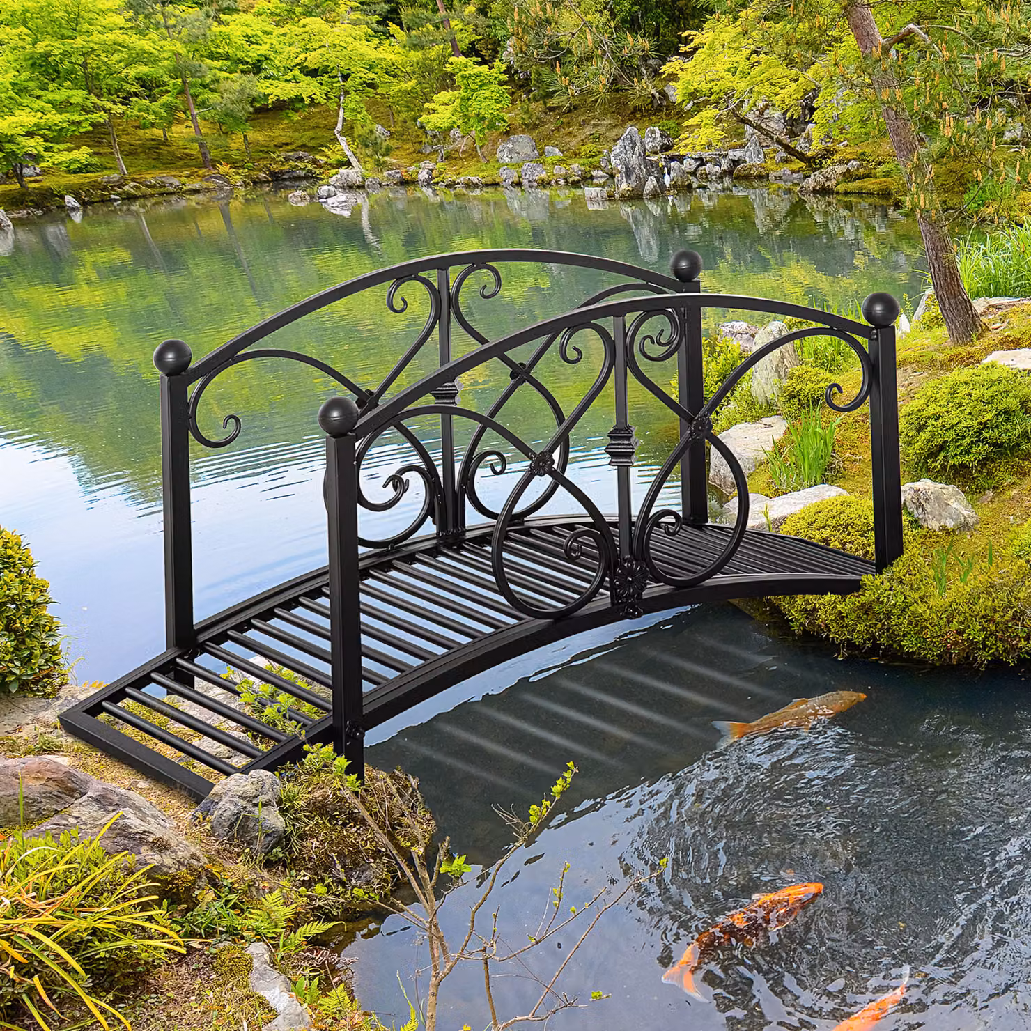 Outsunny Classic Metal Garden Bridge with Safety Railings in Black, W/D/H: 102 x 48 x 49 cm – 2