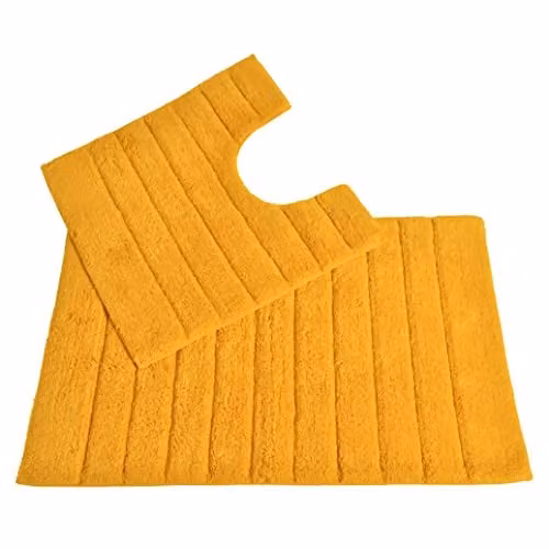 Allure Bath Fashions 2 Piece Ribbed Cotton Bath and Pedestal Toilet Mat Set in Yellow – 1