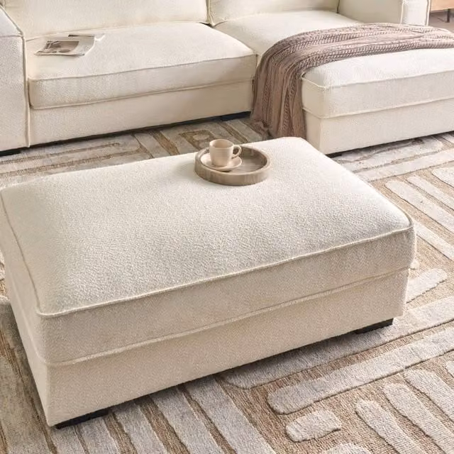 Wyld and Coco Square Ottoman Footstool in White Bouclé Fabric – 1