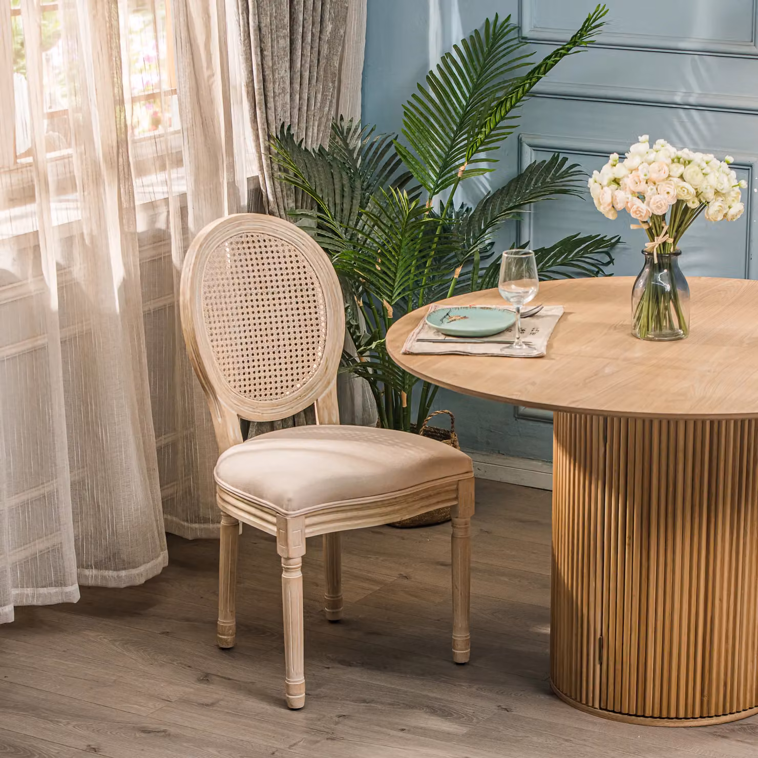 Nordlys Set of 2 Classic Dining Room Chairs with Cane Rattan and Wood in Beige – 2