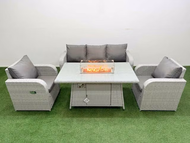 Fimous PE Rattan Garden Furniture Set with Reclining Chairs, Lounge Sofa, Firepit and Dining Table in Light Grey