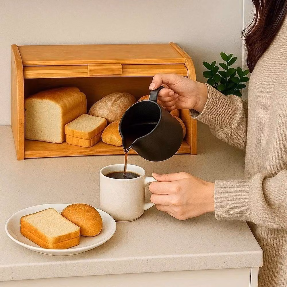 EONLION Brown Bamboo Roll Top Bread Bin with Ventilated Loaf Storage – 5