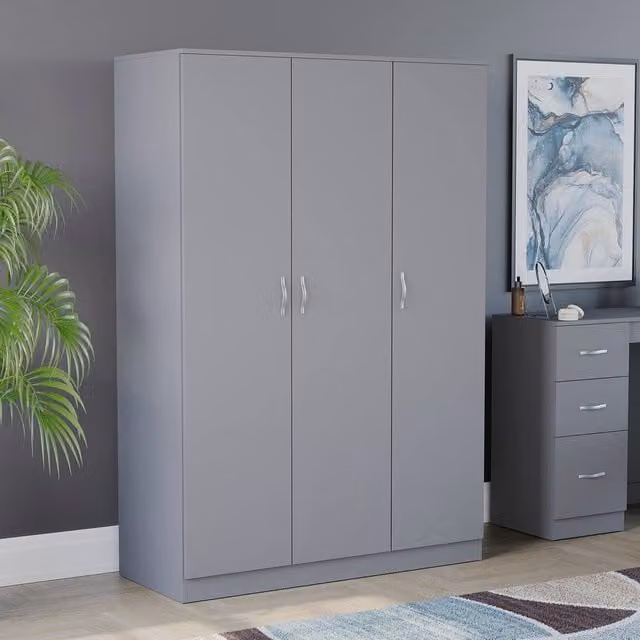 HD Designs Riano 3 Door Wardrobe in Grey with Hanging Rod and Internal Shelves