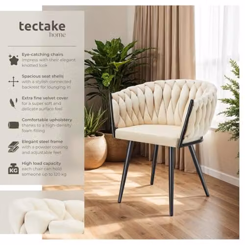 tectake Set of 4 Astano Dining Chairs with Velvet Fabric and Knot Design in Sand and Black – 3