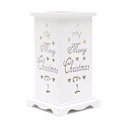 Shatchi Merry Christmas Engraved Wooden LED Flameless Tabletop Candle Holder, White, Battery Operated – 1