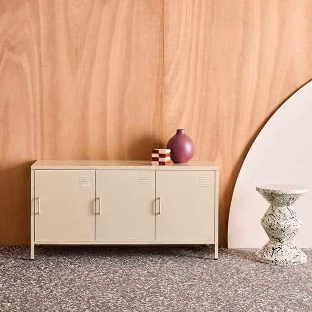 sweeek Industrial Metal TV Stand with 3 Doors, Beige, W: 120 cm, D: 43 cm, H: 60 cm