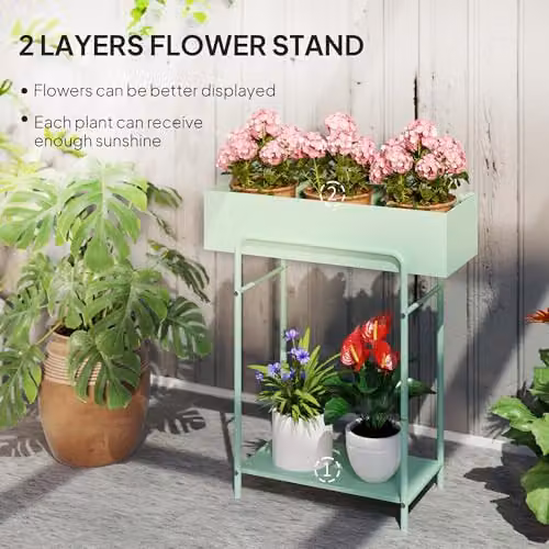 Outsunny 2 Tier Metal Plant Stand with Drain Holes, Green, W/D/H: 70 x 26 x 26 cm – 3