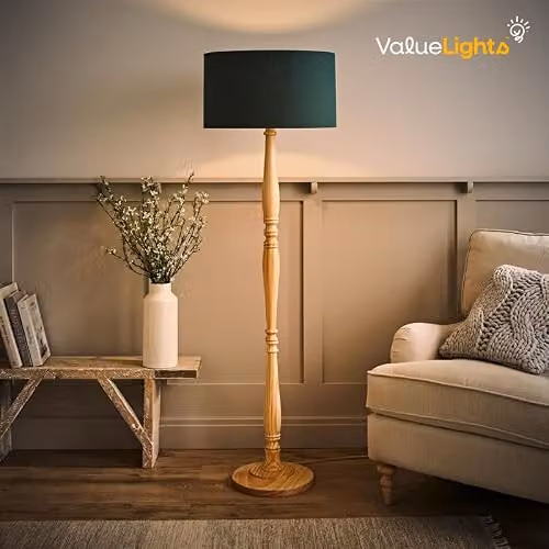 ValueLights Traditional Light Wood Candlestick Floor Lamp with White Fabric Drum Shade and Included LED Bulb – 2