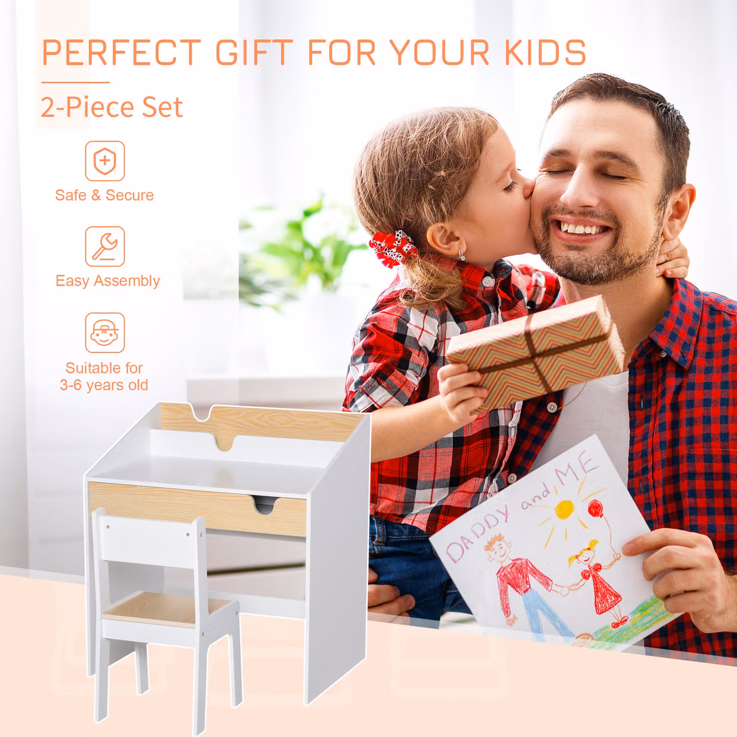 HOMCOM Kids Desk and Chair Set in White, Featuring a Study Table with Bookshelf and Pull-Out Drawer for Children Aged 3-6 Years – 2