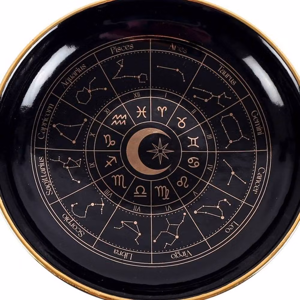 Uniqueful Black and Gold Astrology Wheel Ceramic Trinket Dish, Diameter: 15 cm – 2