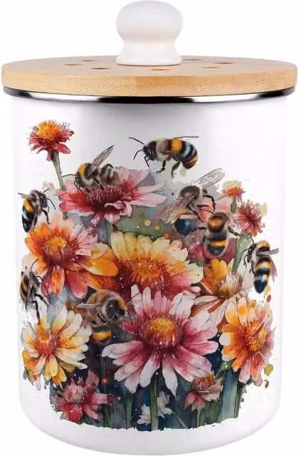 Purely Home Metal Enamel Food Waste Caddy with Bamboo Lid, 2L, Yellow and Multicolour
