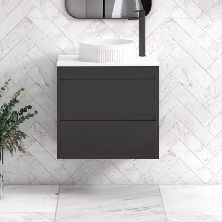 Royal Bathrooms Orion 600mm Wall Hung Vanity Unit in Matt Obsidian Black with White Countertop, 2 Drawers and Round Basin