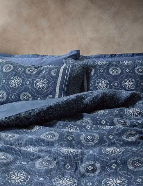 M&S x Fired Earth Kouya Jacquard Pure Cotton Bedding Set, Carbon Blue, W: 200 cm x H: 200 cm