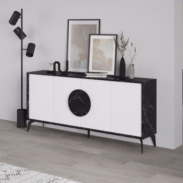Decortie Gora 4 Door Modern Sideboard Storage Cabinet with Metal Legs in White or Jet Black, Width: 180 cm – 1