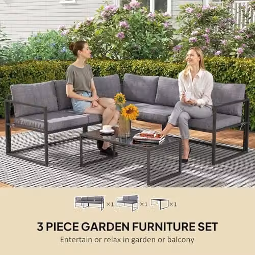Outsunny 3 Piece L Shaped Garden Furniture Set with Upholstered Cushions in Grey – 3