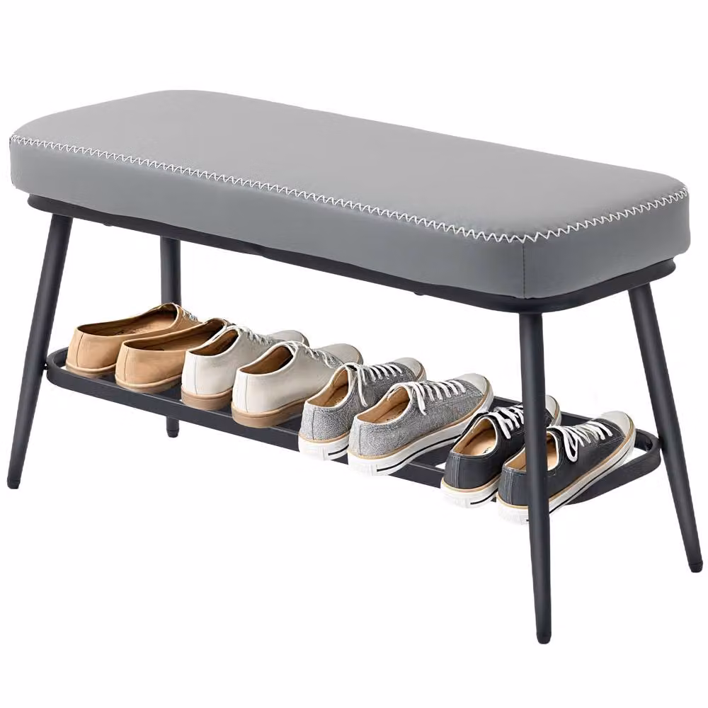 STILVORA Shoe Storage Bench with Shelf in Grey PU Leather, W/D/H: 120 x 45 x 82 cm – 3