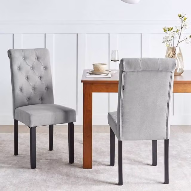 Wyld and Coco Set of 2 Grey Fabric Dining Chairs with Diamond Stitching and Pinewood Legs