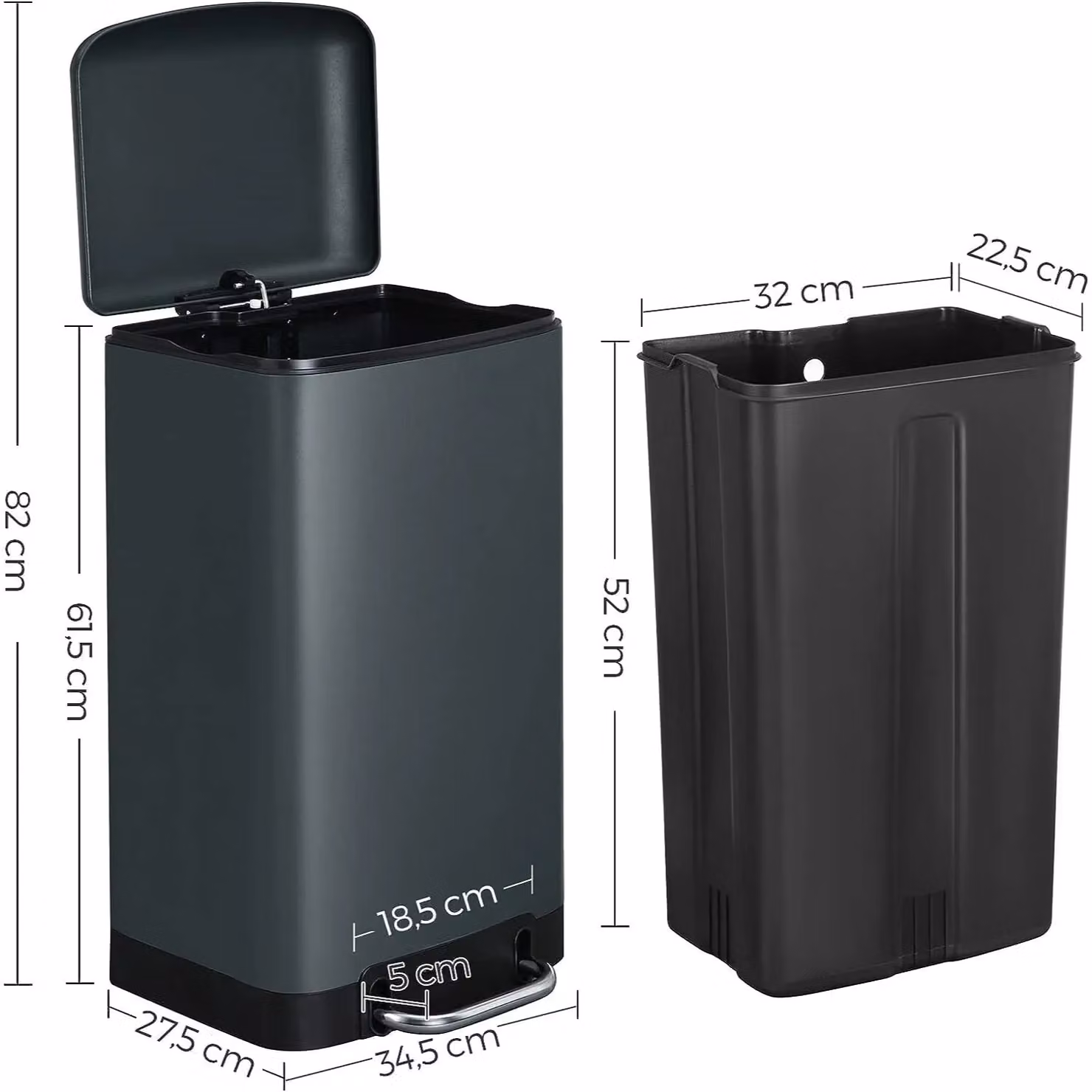 SONGMICS Medium Steel Kitchen Pedal Bin with Soft-Close Lid and Removable Inner Bucket in Anthracite Grey, W/D/H: 30.0 x 34.5 x 42.0 cm – 3