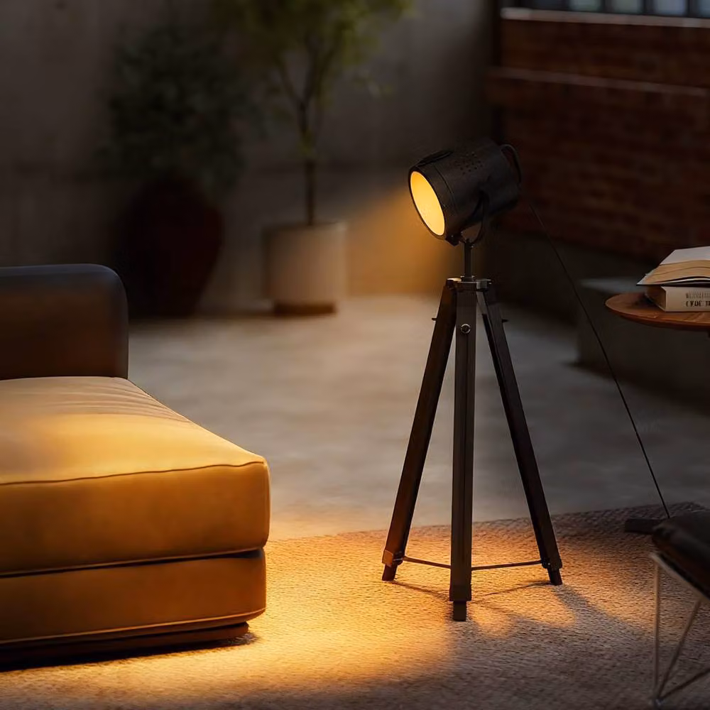 Wyld Haus Suta Industrial Tripod Searchlight Floor Lamp in Black Wood and Metal with Adjustable Head – 7