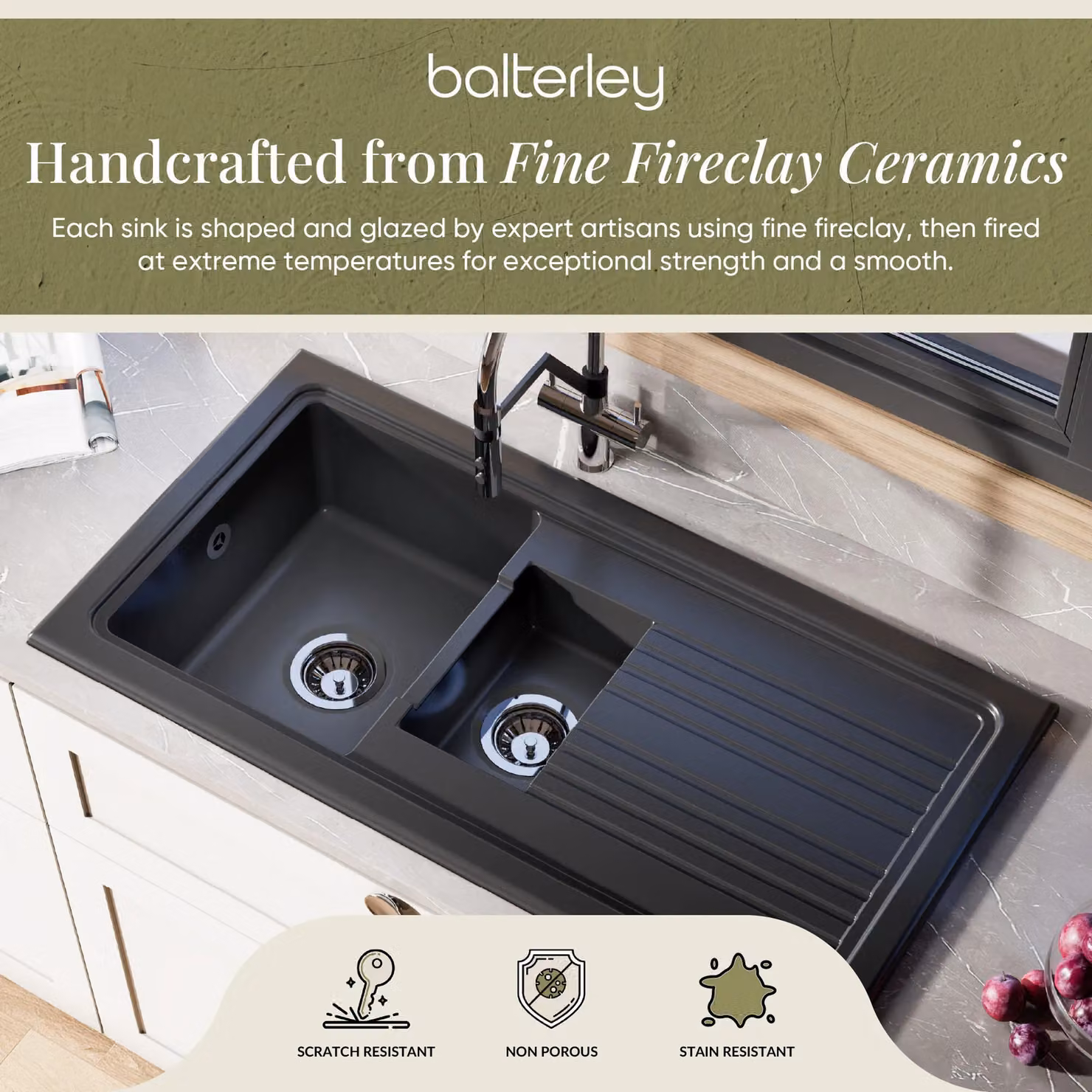 Balterley Ceramic 1.5 Bowl Kitchen Sink with Grooved Drainer, Dark Grey, W: 101.0 cm x D: 52.5 cm x H: 23.5 cm – 2