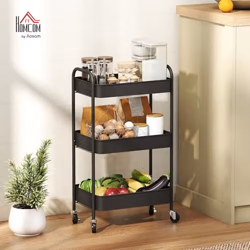 HOMCOM 3-Tier Rolling Utility Storage Trolley with Mesh Baskets, Black, W: 45.0 cm, D: 30.6 cm, H: 79.0 cm – 2