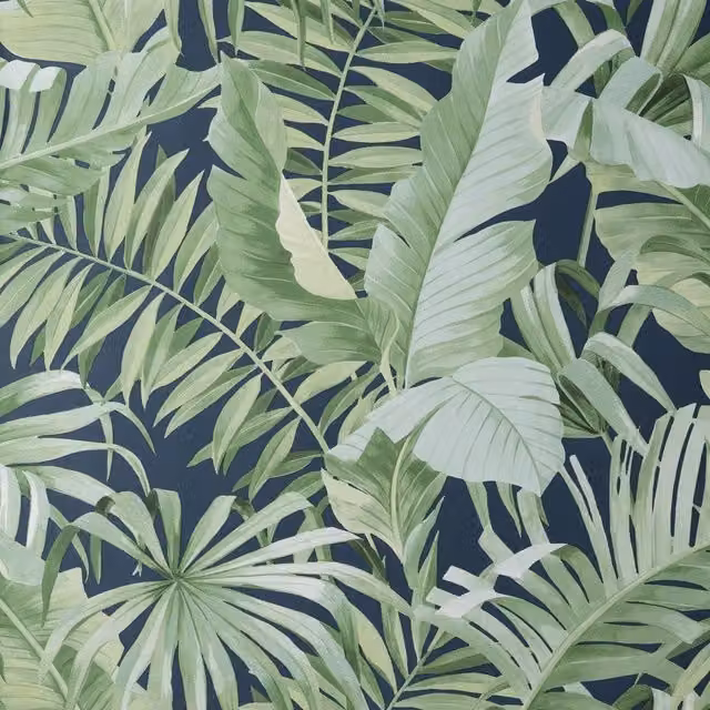 Fine Décor Maui Leaf Botanical Wallpaper in Navy Blue