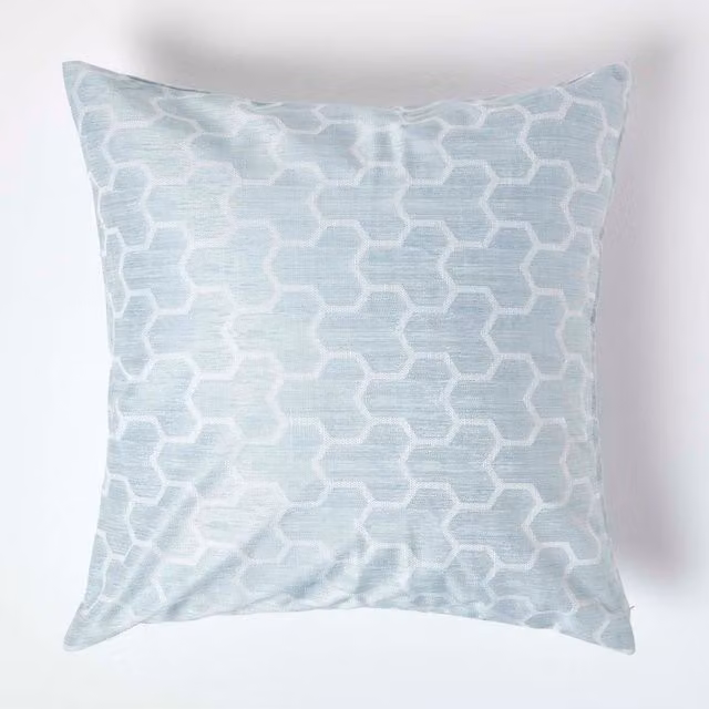Homescapes Geometric Jacquard Square Cushion Cover in Blue and Beige, 45 x 45 cm