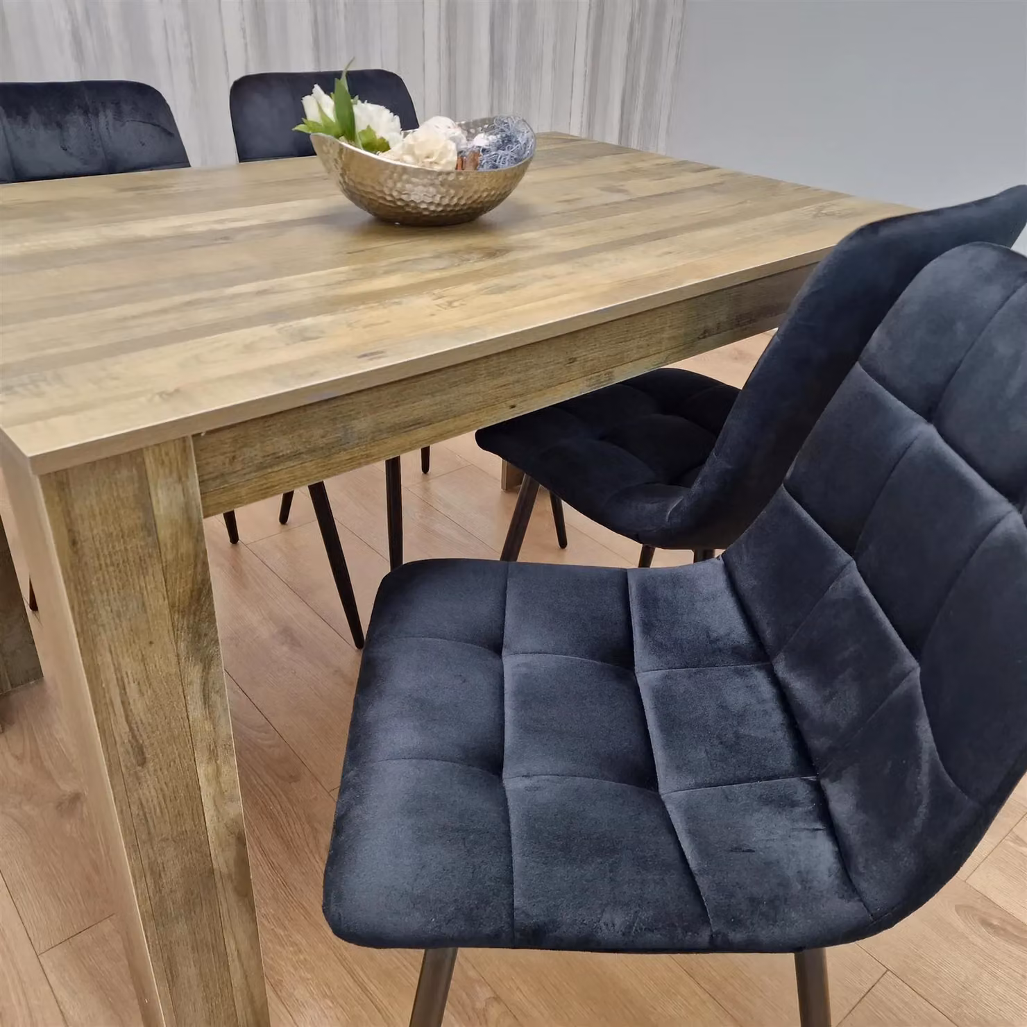 KOSY KOALA Rustic Effect 4 Seater Dining Set with Rectangular Brown Table and 4 Black Velvet Chairs – 3