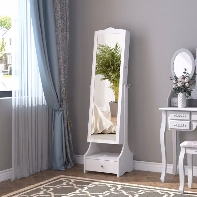 HOMCOM White LED Jewellery Cabinet Floor Standing Mirror Armoire with Makeup Shelf and Lock