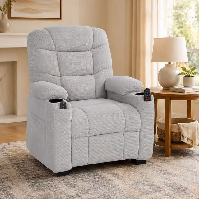 STILVORA Grey Fabric Recliner Armchair with Massage, Heat and USB Charging Port