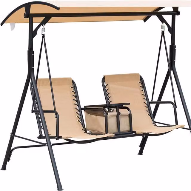 Furnold 2 Seater Modern Garden Swinging Chair with Pivot Table and Sun Canopy in Beige and Brown