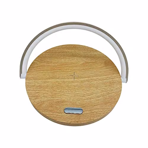 Nicoman LED Desk Lamp with Wireless Phone Charger and USB Port, Dimmable Touch Control Reading Light in White and Brown Wood Finish