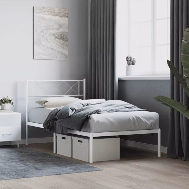Berkfield Home Metal Bed Frame with Headboard in White, W/D/H: 80 x 200 cm – 1